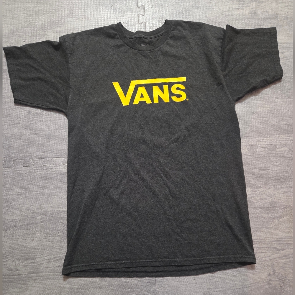 Vans Men's Dark Gray Tee with Bold Yellow Logo GUC Size L